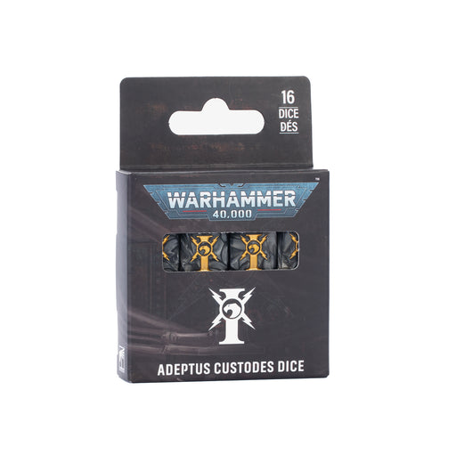 A box of Warhammer 40k: Adeptus Custodes - Dice includes 16 black and gold dice, visible through a small window on the front of the packaging.