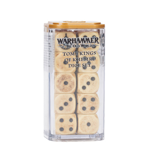 A set of twelve cream-colored Tomb Kings of Khemri - Dice for Warhammer The Old World with dark pips inside a clear, rectangular plastic case.