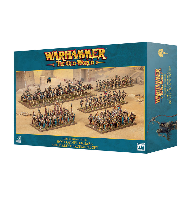 Warhammer The Old World: Tomb Kings of Khemri - Army Reinforcement: Host of Kehekhara box set containing plastic miniature skeletons, chariots, and infantry figures for a tabletop war game, subject to U.S. distribution restrictions.