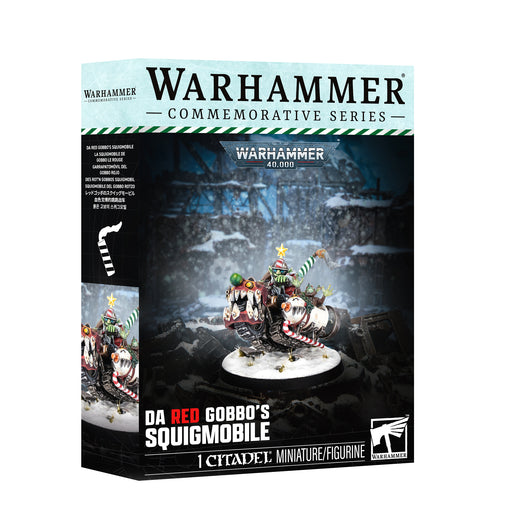 Warhammer 40k: Orks - Da Red Gobbo’s Squigmobile box featuring a goblin in a Santa hat riding a festive mechanical creature through the snow, including a Citadel 40mm Round Base.