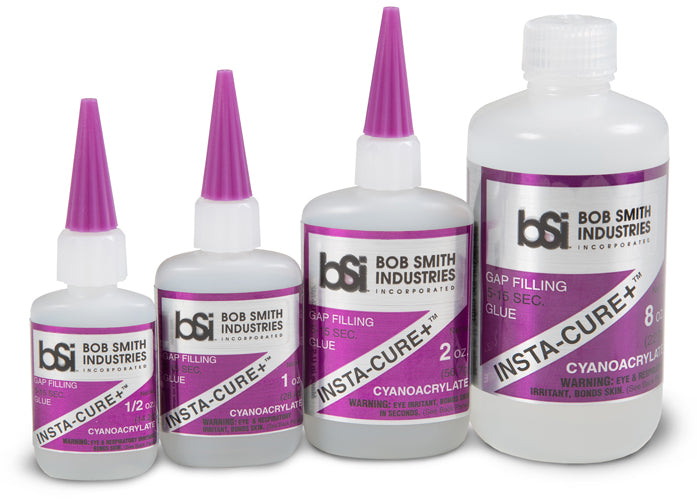 Insta-Cure+™ is a higher viscosity CA for loose fitting joints in which the adhesive must bridge gaps. Normally, the thicker CA is applied to one surface and then the parts are held tightly together for about 5 to 15 seconds. For large surface areas, including those with close fitting joints such as laminations, INSTA-CURE+ ™ should also be used. To prevent premature curing, don’t spread the glue into a thin film. Lay down a serpentine bead with about 1" separations on one surface, then assemble the parts, 
