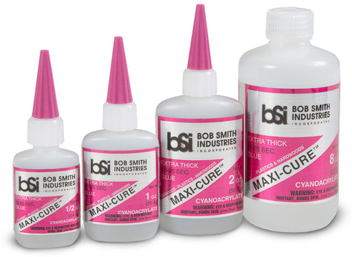 Set of Bob Smith Industries Maxi-Cure cyanoacrylate glue bottles with pink caps on a white background.