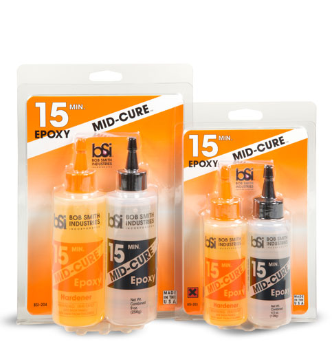 Two packages of Bob Smith Industries 15-minute mid-cure epoxy with bottles inside.