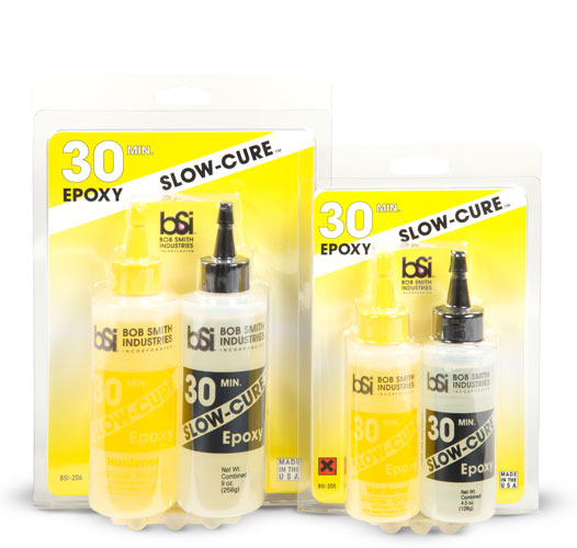 Two sets of Bob Smith Industries epoxy resin bottles with packaging on a white background