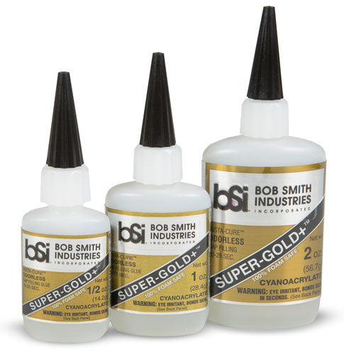 Three bottles of Bob Smith Industries Super-Gold+ adhesive on a white background