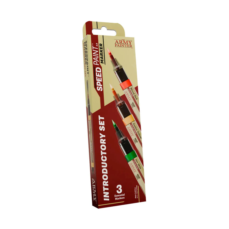 The Army Painter: Speed Paint Marker - Introductory Set includes 3 essential markers, like Zealot Yellow, with brown, orange, and green tips.