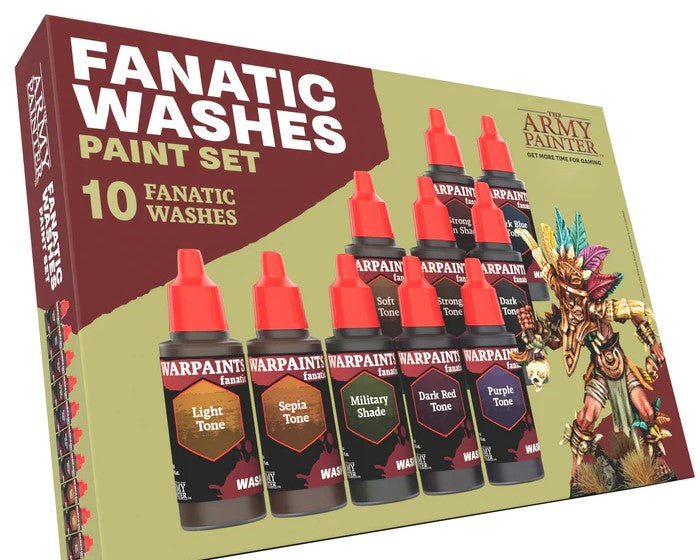 The Army Painter: Warpaints Fanatic: Washes Paint Set includes 10 bottles in a box with a fantasy warrior illustration.