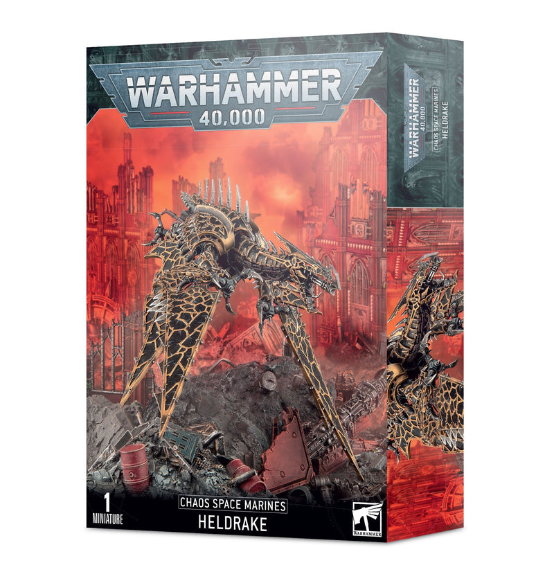 Box art for Warhammer 40k: Chaos Space Marines Heldrake shows the mechanical, dragon-like miniature flying over a fiery, ruined cityscape.