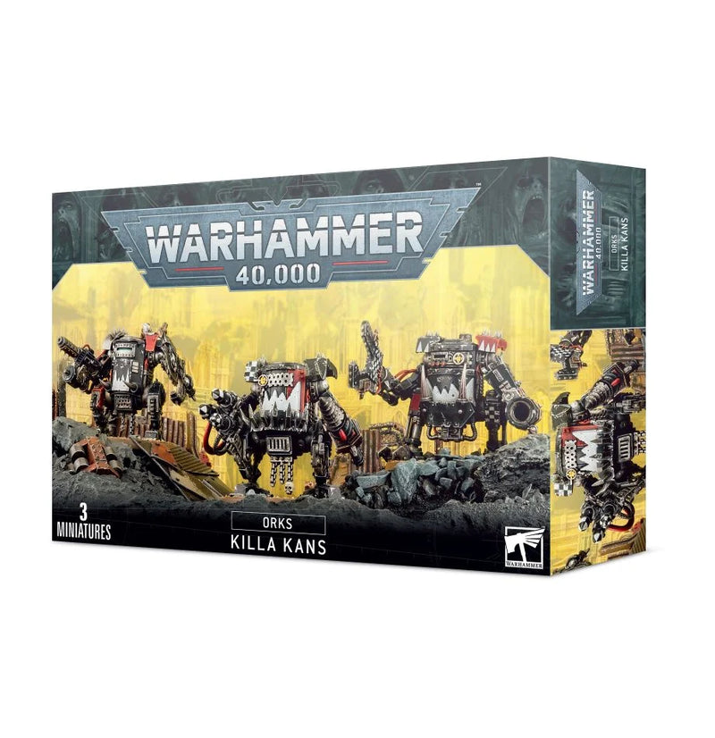 Warhammer 40k: Ork Killa Kans by Games Workshop includes unassembled miniatures; box shows three painted walkers in ruins.