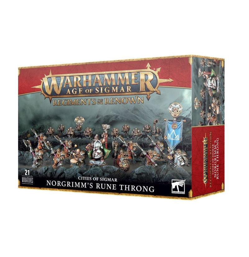 Box of Warhammer Age of Sigmar: Cities of Sigmar - Norgrimm's Rune Throng, featuring beautifully painted dwarf miniatures—including Irondrakes and a Runelord—assembled and posed before a dark rocky backdrop. Produced by Games Workshop.
