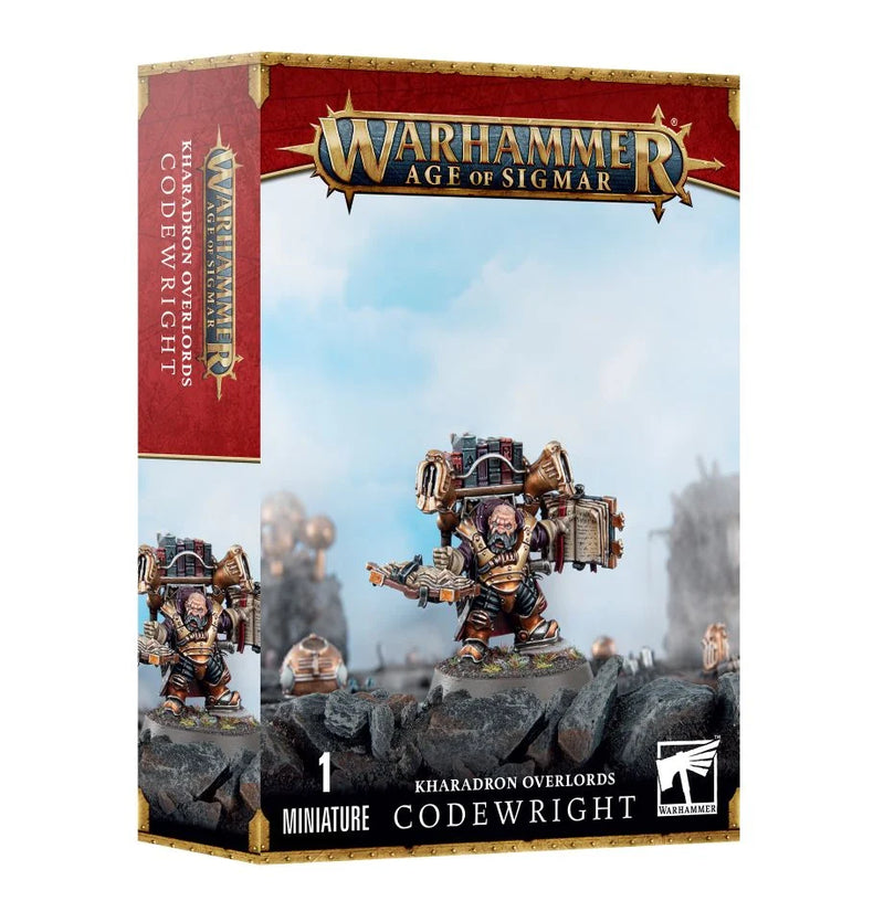 Warhammer Age of Sigmar: Kharadron Overlords – Codewright by Games Workshop includes a detailed miniature on a 32mm round base, depicting an armored figure with a book and staff over rocky terrain.