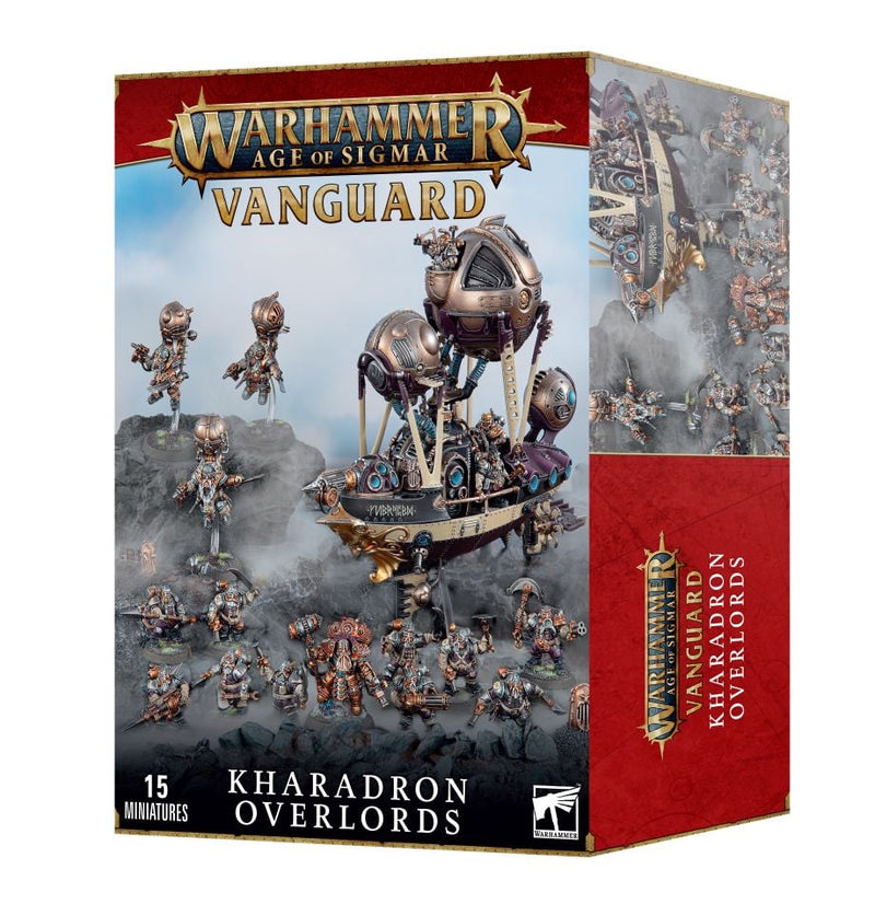 The Warhammer Age of Sigmar: Vanguard: Kharadron Overlords box showcases steampunk dwarf miniatures—such as the Arkanaut Admiral, Endrinriggers, and a striking Arkanaut Frigate airship—all assembled and set within detailed artwork featuring 15 figures against a dramatic fantasy landscape.