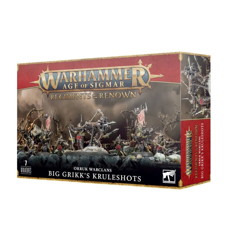 Box of Warhammer Age of Sigmar: Orruk Warclans - Big Grikk's Kruleshots. The box art showcases Orruk Warclans miniatures, featuring units such as the Beast-skewer Killbow and Man-skewer Boltboyz in a fantasy swamp setting. The eye-catching red and gold packaging is adorned with bold lettering and Games Workshop branding.