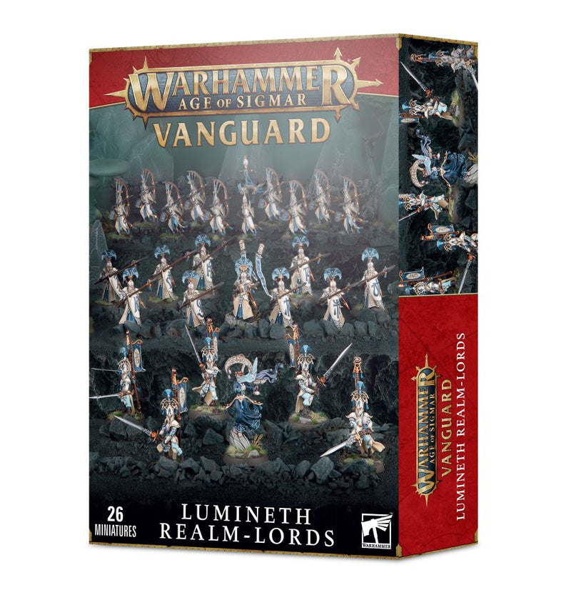 The Warhammer Age of Sigmar: Vanguard: Lumineth Realm-Lords box includes 26 miniatures, featuring Vanari Auralan Wardens in white and gold armor, ready for battle.