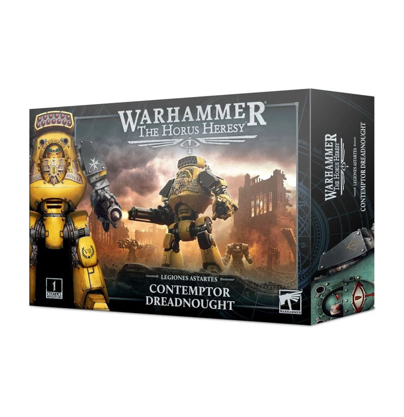 Box of Horus Heresy Legiones Astartes: Contemptor Dreadnought, showing a yellow armored mech with ruined city art and product info on the packaging. Perfect for painting with Citadel paints.