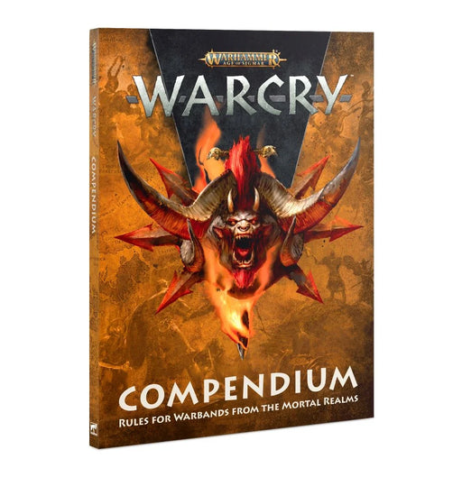 Cover of the Warcry Compendium showcasing a fierce, horned beast against an orange backdrop. The text displays: Warcry Compendium. Includes core rules and guidelines for warbands from the Mortal Realms in Warhammer Age of Sigmar.