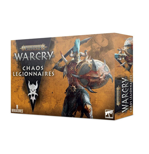 Box of Warcry: Chaos Legionaires plastic miniatures, featuring artwork of armored warriors wielding spiked weapons and adorned with horns. The box displays the Warcry logo and Chaos Legionaires title, and contains 8 unpainted miniatures with Citadel bases.