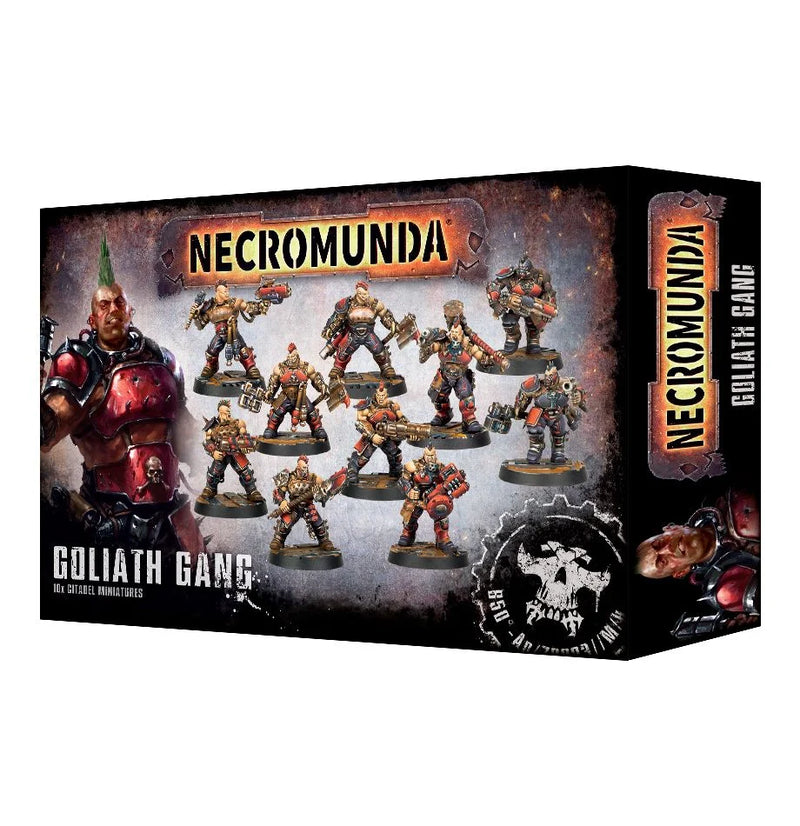 Necromunda: Goliath Gang box features painted miniatures in red and gold armor, including a large warrior and ten action figures displayed.