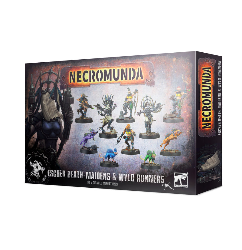 The Necromunda: Escher Gang box includes 10 plastic female warrior and animal companion miniatures, with vibrant cover art.