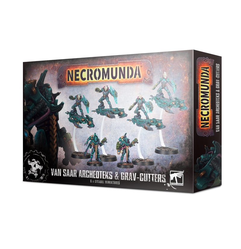 Box for Necromunda: Van Saar Gang miniatures shows Archeoteks and Grav-Cutters posed, with product name and sci-fi art in background.