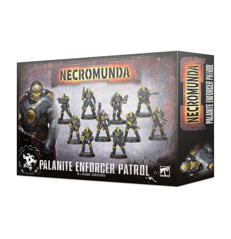 Necromunda: Palanite Enforcer Patrol box, showcasing painted miniatures of armored, armed futuristic soldiers. The packaging features bold text and detailed artwork of a Palanite Enforcer in yellow and black armor, equipped with weapons from the Enforcer kit.