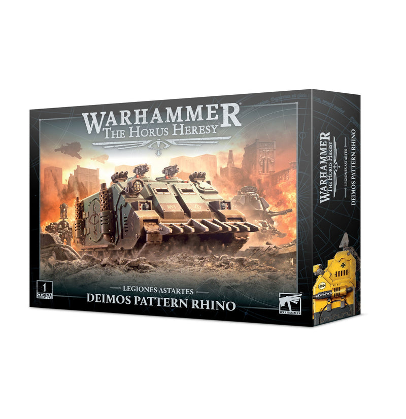A box for the Horus Heresy Legiones Astartes: Deimos Pattern Rhino by Games Workshop, showing an armored vehicle in combat; US distribution may be restricted.