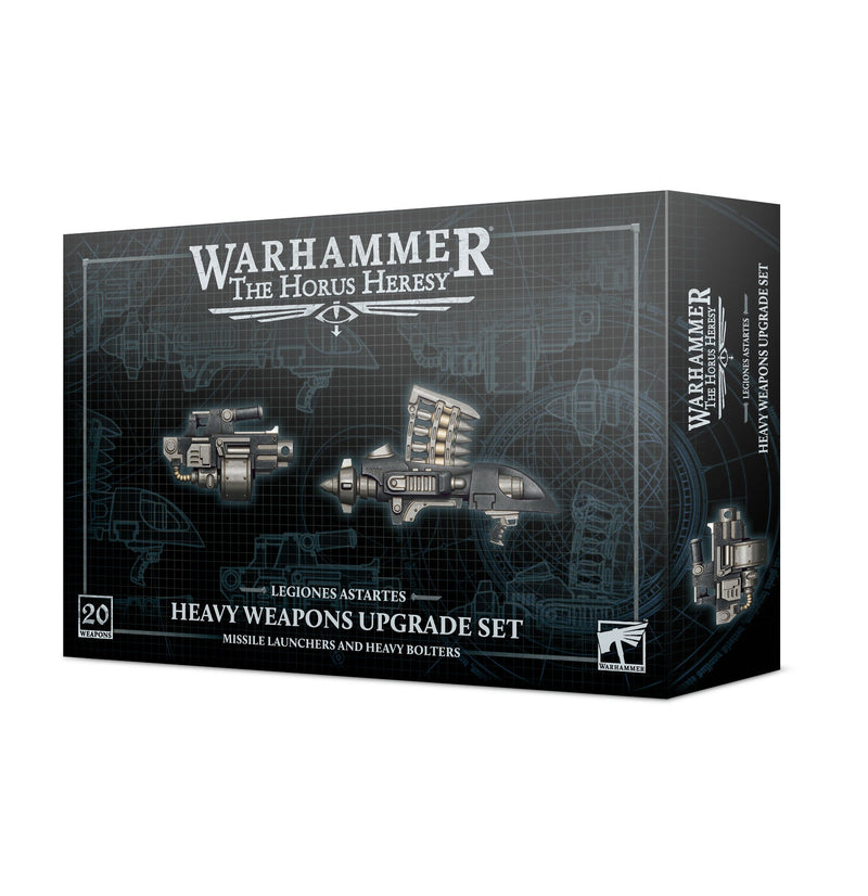 A Horus Heresy Legiones Astartes: Missile Launchers & Heavy Bolters box with blueprint weapon art on a dark grid background. U.S. restrictions apply.
