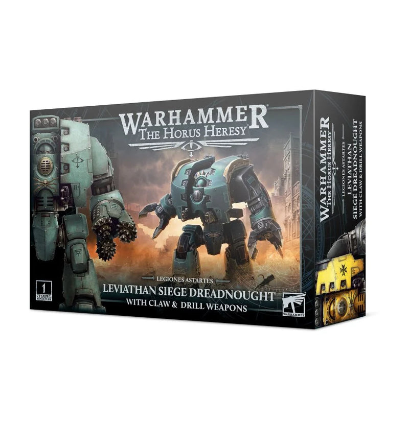 The Horus Heresy Legiones Astartes: Leviathan Siege Dreadnought with Claw & Drill weapons kit shows an armored mech in battle.