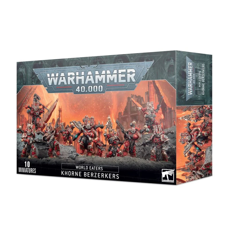 Warhammer 40k: World Eaters - Khorne Berzerkers box with ten red-armored miniatures, bases, transfer sheet, fiery ruins.