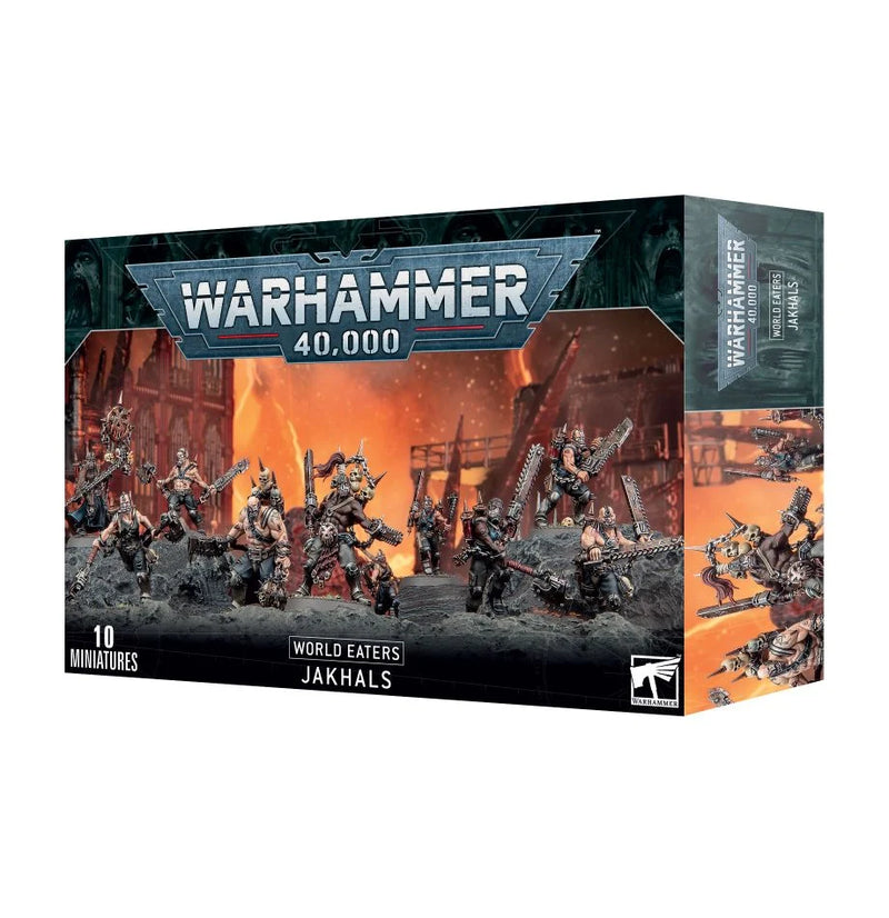 Warhammer 40k: World Eaters - Jakhals, 10 detailed miniatures with Khornate symbols, bases, transfer sheet, battle pose backdrop.