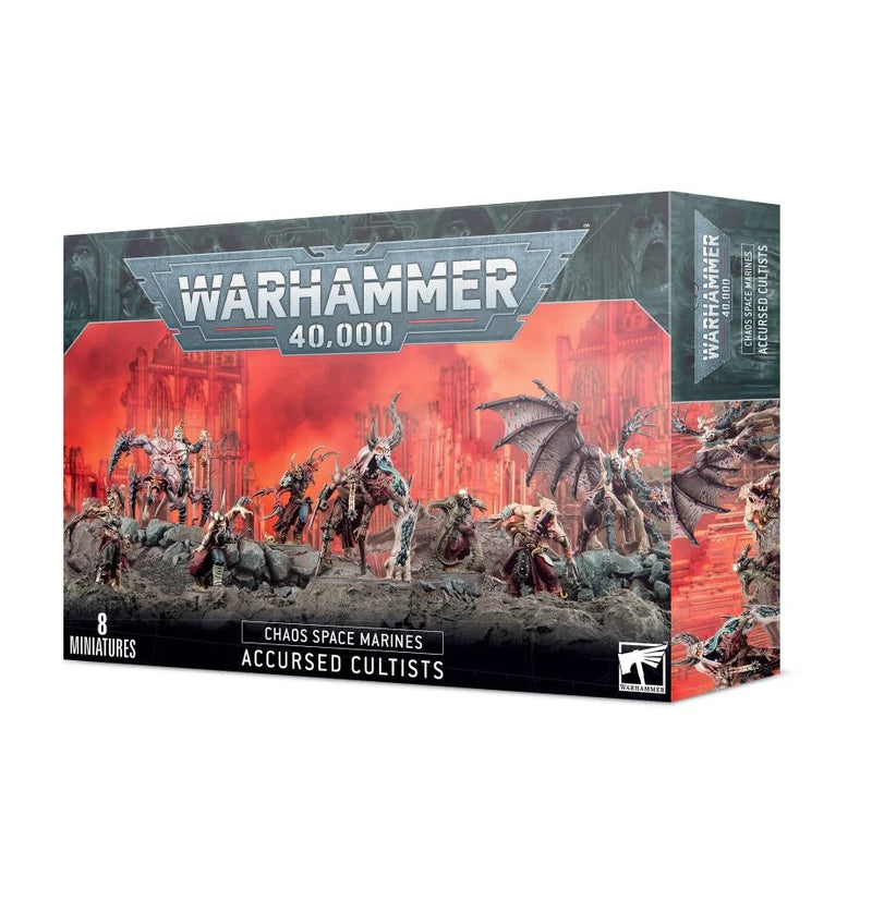 Warhammer 40k: Chaos Space Marines: Accursed Cultists box with 8 unpainted miniatures and Citadel bases in a red-toned ruin.