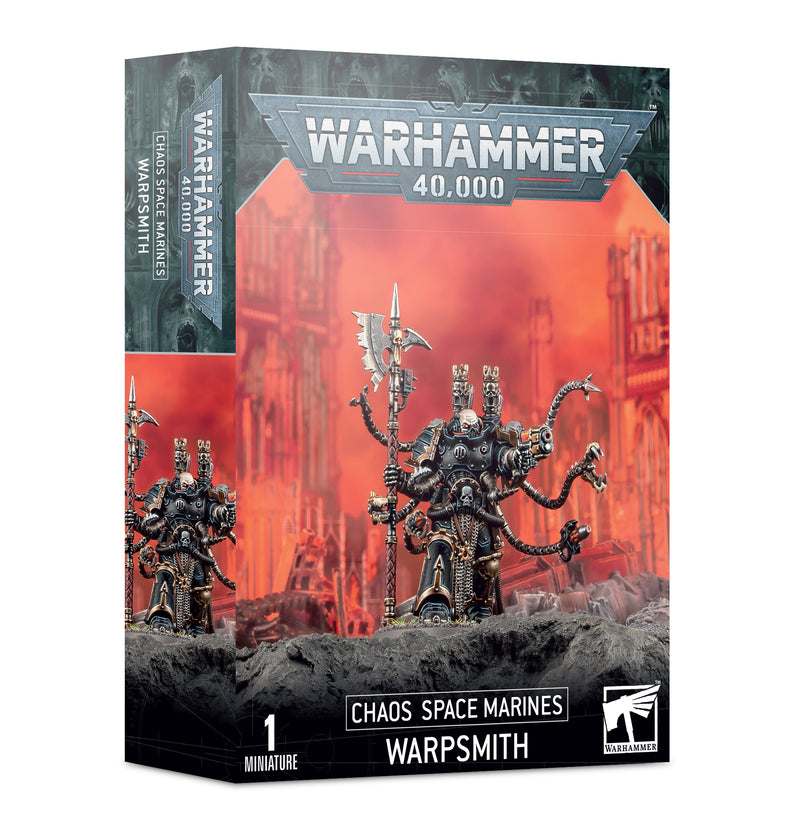 Warhammer 40k: Chaos Space Marines Warpsmith box with a painted Warpsmith in dark armor, mechanical arms, fiery red backdrop.