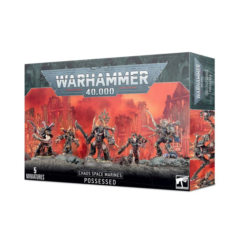 Warhammer 40k: Chaos Space Marines: Possessed box includes five detailed, unpainted plastic miniatures of Possessed Chaos Space Marines, shown against a fiery, ruined city background, and comes with Citadel 40mm Round Bases for assembly.