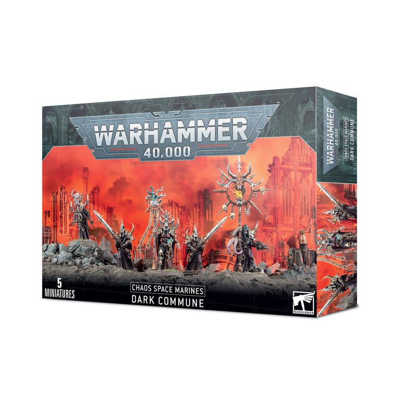 Warhammer 40k: Chaos Space Marines Dark Commune has five unpainted miniatures, shown with a fiery ruined city backdrop. Box reads "5 miniatures.