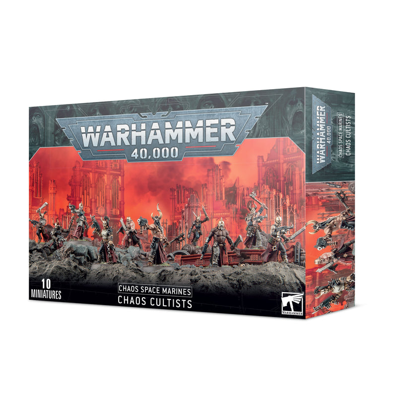 The Warhammer 40k: Chaos Space Marines - Chaos Cultists box has 10 miniatures, a fiery ruined city backdrop, and logo.