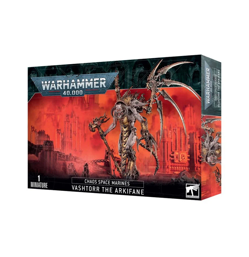 Warhammer 40k: Chaos Space Marines - Vashtorr The Arkifane features an unpainted Citadel miniature with claws and wings on a red backdrop.