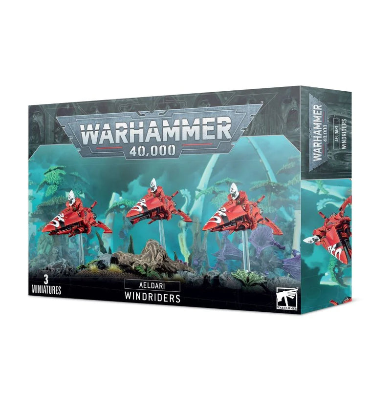 Warhammer 40k: Aeldari Windriders is a plastic kit containing 3 miniatures—red jetbikes with riders—in Warhammer 40,000.