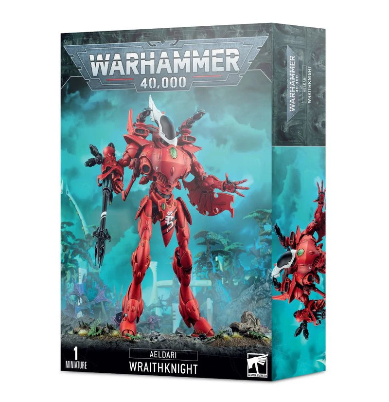 The Warhammer 40k: Aeldari Wraithknight box shows a red miniature on a blue-green alien landscape, with packaging details displayed.