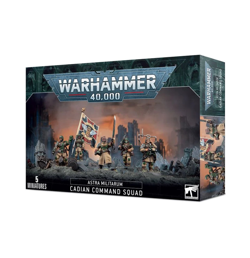 The Warhammer 40k: Astra Militarum Cadian Command Squad box has five miniatures and a banner in a ruined city under the logo.