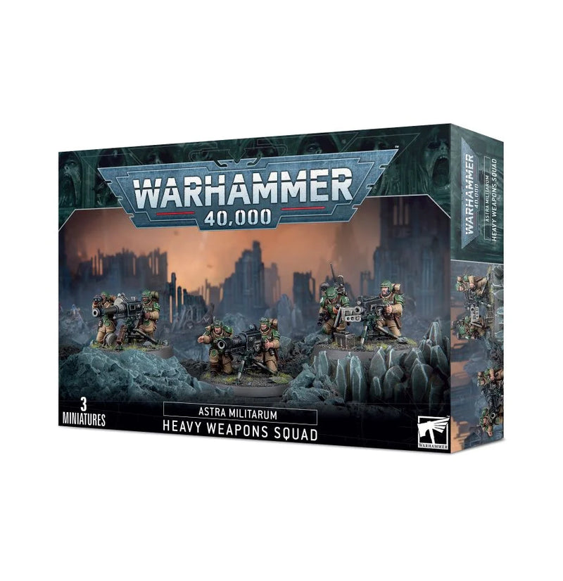 The Warhammer 40k: Astra Militarum Cadian Heavy Weapon Squad box features Cadian Shock Troops with heavy weapons, shown assembled and painted against a war-torn city background.