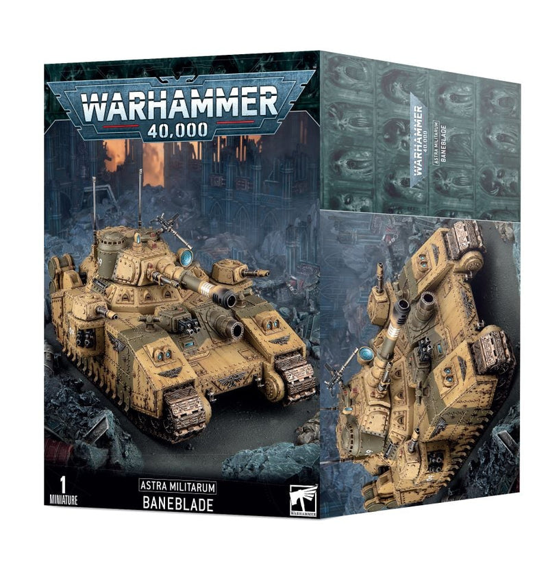 Box of Warhammer 40k: Astra Militarum – Baneblade model kit, featuring artwork of a large tan super-heavy tank with a quake cannon in a ruined city setting; text and logos are visible on the packaging.