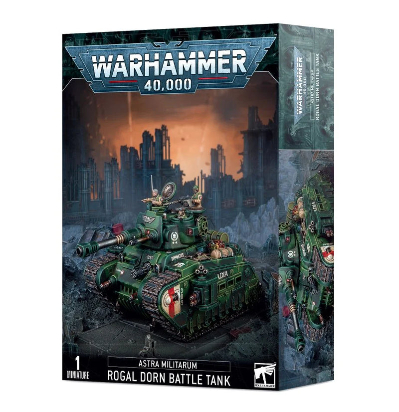 Box for Warhammer 40k: Astra Militarum Rogal Dorn Battle Tank, with a green sci-fi tank in a ruined city, heraldry, logo, info.