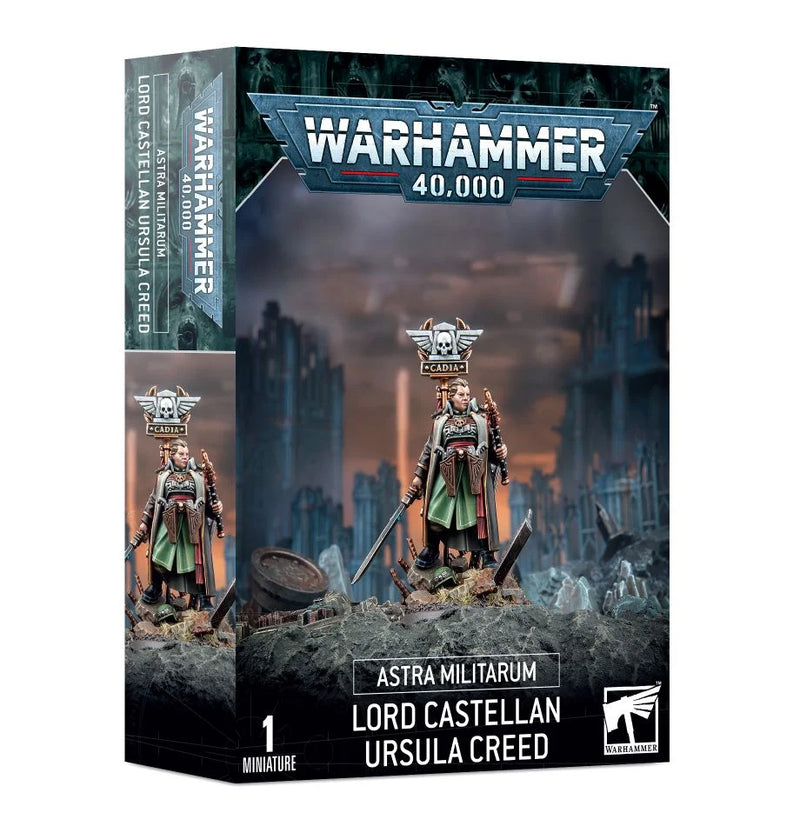 Box for Warhammer 40k: Astra Militarum Lord Castellan Ursula Creed, showing the painted model on a Citadel 32mm Round Base amid a ruined cityscape.