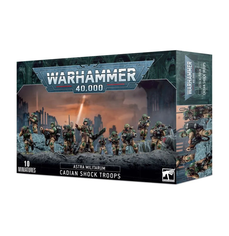A box of Warhammer 40k: Astra Militarum - Cadian Shock Troops includes 10 armored miniatures with 25mm round bases on a battlefield.