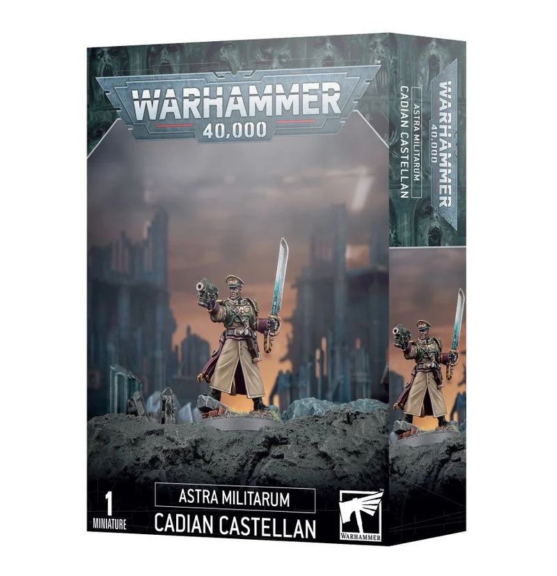 Box of Warhammer 40k: Astra Militarum Cadian Castellan, with unassembled, unpainted miniature holding sword and pistol on scenic base, set against a ruined city backdrop with Warhammer branding.