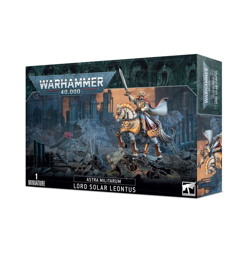 Box art for Warhammer 40k: Astra Militarum Lord Solar Leontus shows an armored leader on horseback in a ruined city, assembly details, and a Citadel 80mm Round Base for the included miniature.