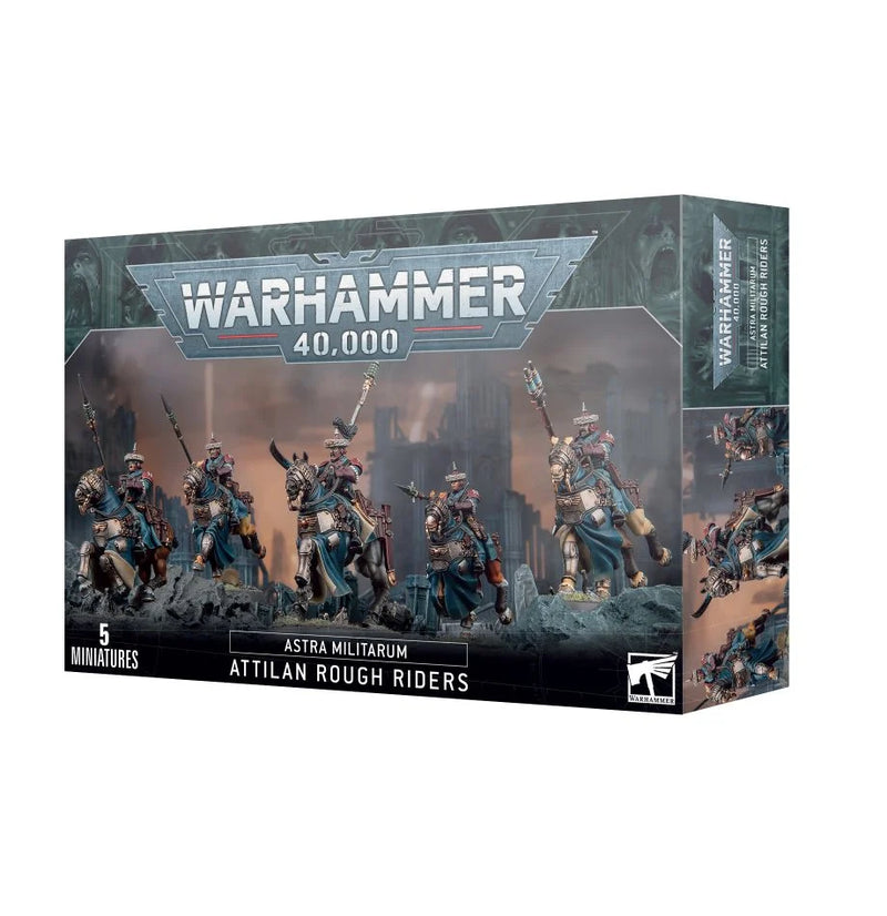 Box of Warhammer 40k: Astra Militarum Attilan Rough Riders, five cavalry miniatures with weapons and armor on Citadel Bases.