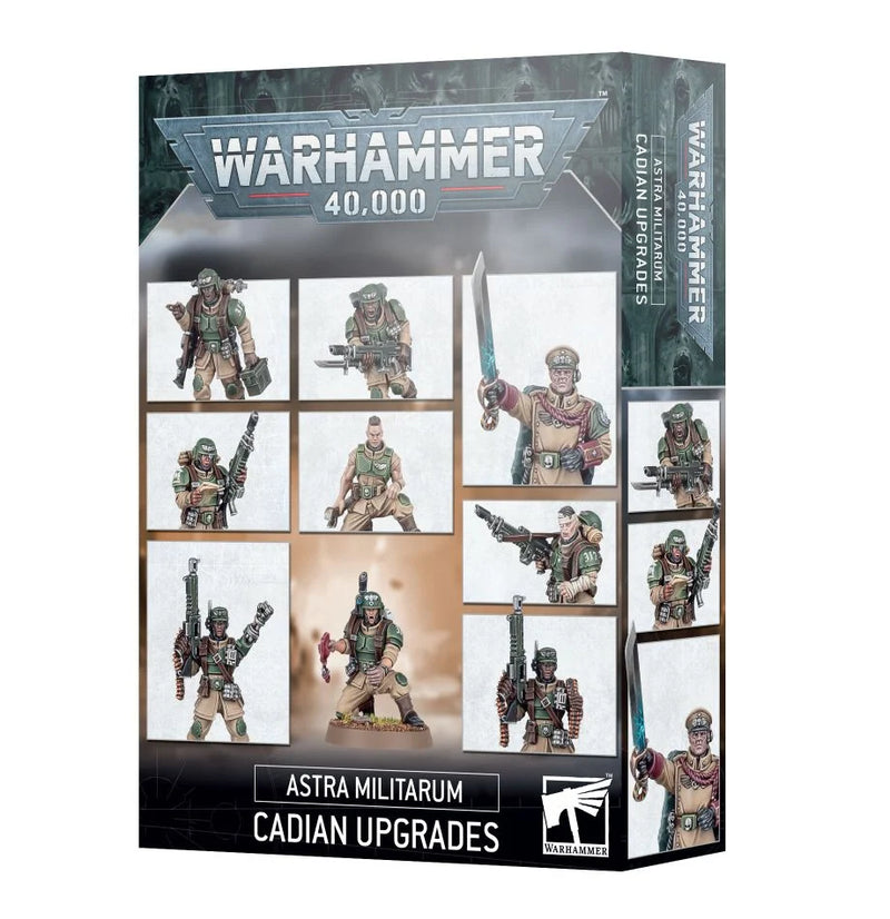 Box of Warhammer 40k: Astra Militarum Cadian Upgrades featuring detailed images of miniature soldiers, Cadian heads, weapons, and accessories displayed on the front of the packaging.