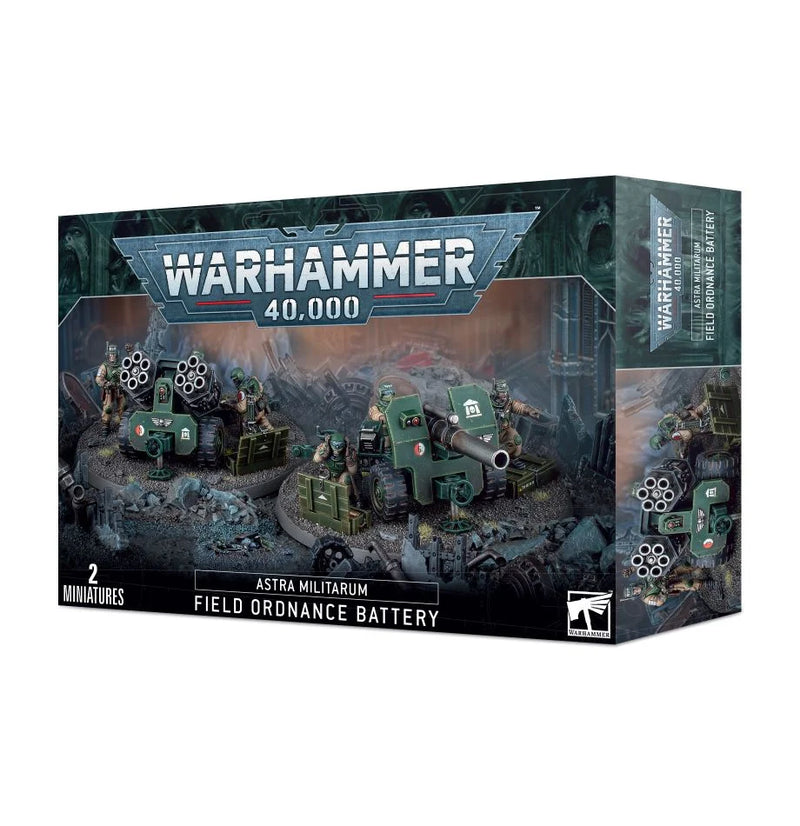 Warhammer 40k: Astra Militarum Field Ordnance Battery includes two detailed artillery guns and crew miniatures, ideal for expanding your Astra Militarum army on the battlefield.