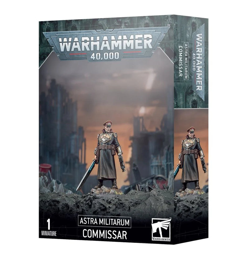 Warhammer 40k: Astra Militarum Commissar miniature assembled and painted, officer in long coat and cap on rubble with 28.5mm base.